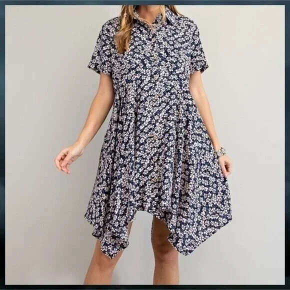 EASEL Lightweight Short Sleeved Collared Button Front Shark Bite Hem Shirt Dress - Picture 3 of 14